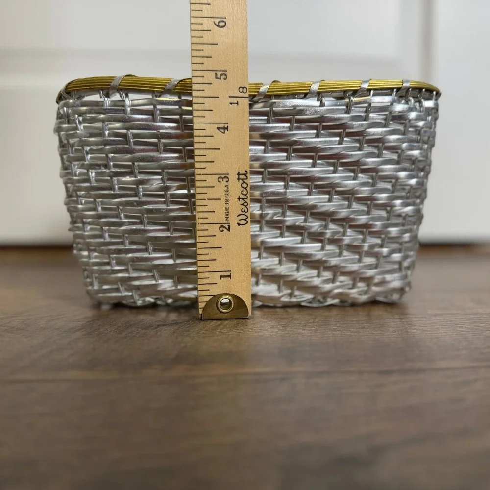 Vintage Woven Metal Wire Basket Silver Gold Trim Square Made in India 9.5 x 5 in